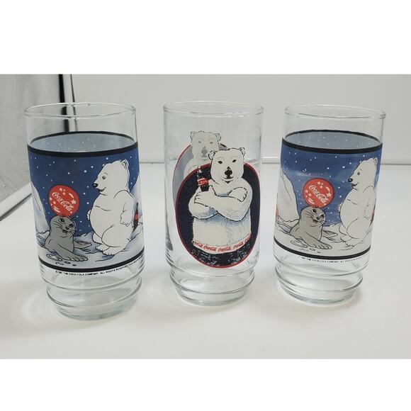 Vintage 1997 Coca-Cola Holiday Glasses Winter Polar Bears and Seal (Set of 3) - Picture 1 of 5